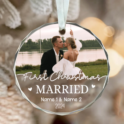 First Xmas Married Personalized Photo Ornament, Wedding Christmas Glass Ornament, Christmas Tree Ornaments For Newlyweds, Newlywed Christmas Gift