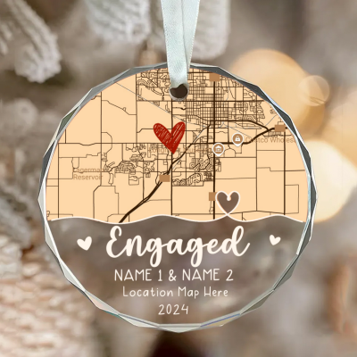BEST SELLERS 45 Custom Engagement Location Map Glass Ornament, 1st Christmas Engaged Ornament, Newly Engaged Christmas Gifts
