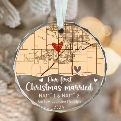 First Christmas Married Custom Map Ornament, 1st Xmas Married Glass Ornament, Newlyweds Keepsake Ornament, Christmas Gift For Newlyweds