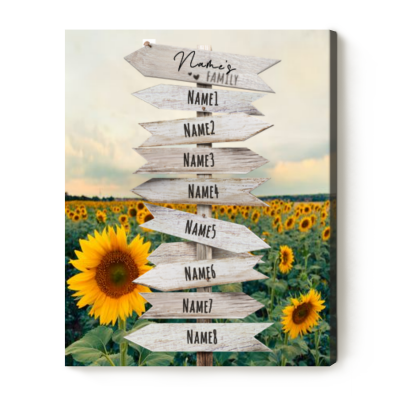 Sunflower Field Wall Art - Personalized Street Sign Family Names Canvas - Family Canvas With Multi Name - Custom Gifts For The Family Christmas