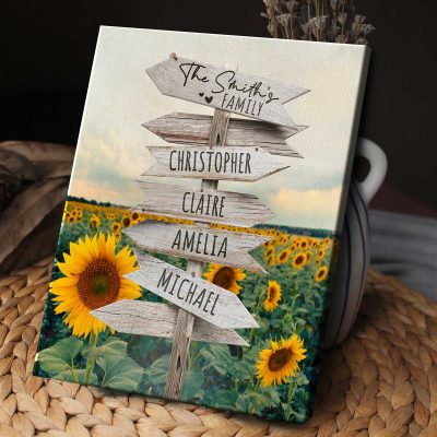 Sunflower Field Wall Art - Personalized Street Sign Family Names Canvas - Family Canvas With Multi Name - Custom Gifts For The Family Christmas