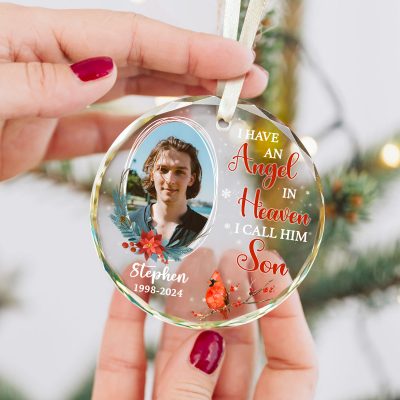 I Have An Angel In Heaven I Call Him Son - Son Memorial Personalized Photo Ornament - Son In Heaven Glass Ornament - Loss Of Son Sympathy Gift
