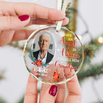 I Have An Angel In Heaven I Call Him Grandpa - Grandpa Memorial Personalized Photo Glass Ornament - Grandfather Memorial Gifts