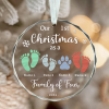 Personalized Family Of 4 Ornaments With Dog, Family Of Four Christmas Glass Ornament, Family Name Footprint Ornament, New Family Gift