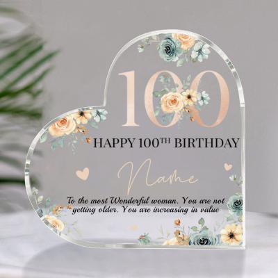Personalized Happy 100th Birthday Heart Acrylic Plaque – Birthday Gift For Nana Grandma Mom – 100 Years Old Keepsake Gifts for Her