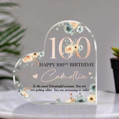 Personalized Happy 100th Birthday Heart Acrylic Plaque – Birthday Gift For Nana Grandma Mom – 100 Years Old Keepsake Gifts for Her