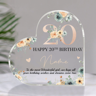 Personalized Happy 20th Birthday Heart Acrylic Plaque - 20th Birthday Gift For Daughter Friend Sister - 20 Years Old Keepsake Gifts