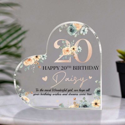 Personalized Happy 20th Birthday Heart Acrylic Plaque - 20th Birthday Gift For Daughter Friend Sister - 20 Years Old Keepsake Gifts