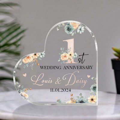 Personalized Floral 1st Anniversary Gift - Paper 1st Anniversary Heart Plaque - First Anniversary Gifts for Couple - 1st Anniversary Gift for Her