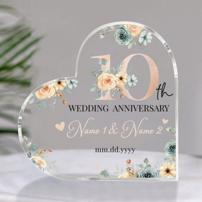 Personalized Floral 10th Anniversary Gift - 10th Anniversary Heart Acrylic Plaque - 10th Anniversary Keepsake Gift For Her - Tin Anniversary Gift