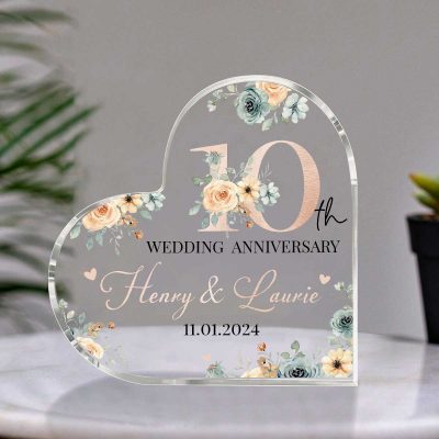 Personalized Floral 10th Anniversary Gift - 10th Anniversary Heart Acrylic Plaque - 10th Anniversary Keepsake Gift For Her - Tin Anniversary Gift