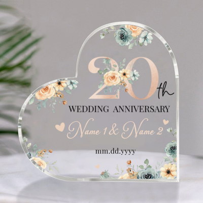Personalized Floral 20th Anniversary Gift - 20th Wedding Anniversary Heart Acrylic Plaque - 20 Years Anniversary Keepsake Gift for Her