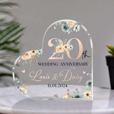 Personalized Floral 20th Anniversary Gift - 20th Wedding Anniversary Heart Acrylic Plaque - 20 Years Anniversary Keepsake Gift for Her