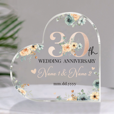 Personalized Floral 30th Anniversary Gift - 30th Wedding Anniversary Heart Acrylic Plaque - 30 Years Anniversary Gift for Wife Husband Parents