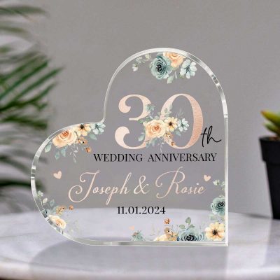 Personalized Floral 30th Anniversary Gift - 30th Wedding Anniversary Heart Acrylic Plaque - 30 Years Anniversary Gift for Wife Husband Parents