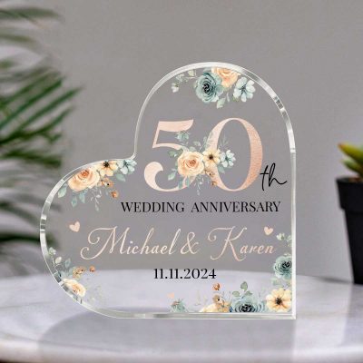 Personalized Floral 50th Anniversary Gift - Golden Anniversary Heart Plaque - 50th Anniversary Gift for Parents - 50 Years Anniversary Keepsake Gifts