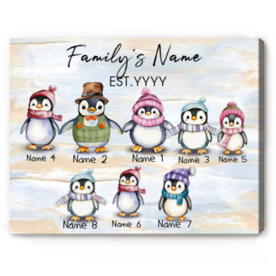 Penguin Family Names Personalized Print - Custom Family Canvas Art - Christmas Family Sign - Gifts For The Family Christmas - Penguin Family Gift