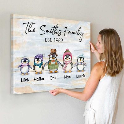 Penguin Family Names Personalized Print - Custom Family Canvas Art - Christmas Family Sign - Gifts For The Family Christmas - Penguin Family Gift
