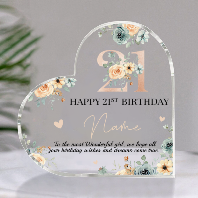 Personalized Happy 21st Birthday Heart Acrylic Plaque - 21st Birthday Gift For Her - 21 Years Old Keepsake Gifts