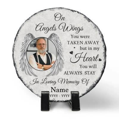 On Angels Wings Personalized Round Garden Stone - Custom Memorial Photo Slate Plaque - Loss Of A Loved One Keepsake - Bereavement Gift