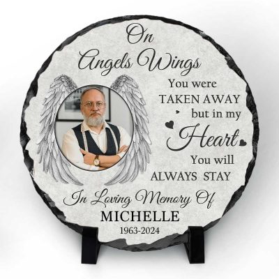 On Angels Wings Personalized Round Garden Stone - Custom Memorial Photo Slate Plaque - Loss Of A Loved One Keepsake - Bereavement Gift