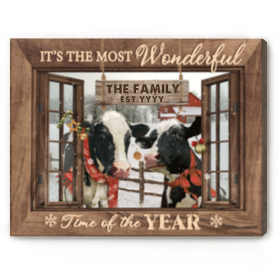 Dairy Cow Christmas Wall Art, Custom Family Name Sign, Dairy Cattle Christmas Wall Decor, Personalized Last Name Sign, It’s The Most Wonderful Time Farmhouse Christmas Canvas