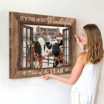 Dairy Cow Christmas Wall Art, Custom Family Name Sign, Dairy Cattle Christmas Wall Decor, Personalized Last Name Sign, It’s The Most Wonderful Time Farmhouse Christmas Canvas