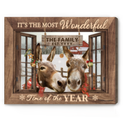 Donkey Christmas Wall Art, Custom Family Name Sign, Farmhouse Donkey Christmas Wall Decor, Personalized Last Name Sign, It’s The Most Wonderful Time Christmas Canvas