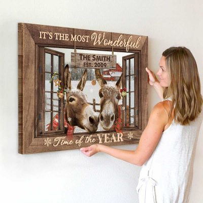 Donkey Christmas Wall Art, Custom Family Name Sign, Farmhouse Donkey Christmas Wall Decor, Personalized Last Name Sign, It’s The Most Wonderful Time Christmas Canvas
