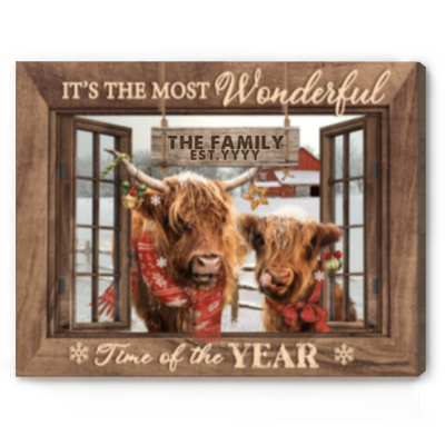 Highland Cattle Christmas Wall Art, Custom Family Name Sign, Farmhouse Christmas Wall Art, Personalized Last Name Sign, It’s The Most Wonderful Time Christmas Canvas