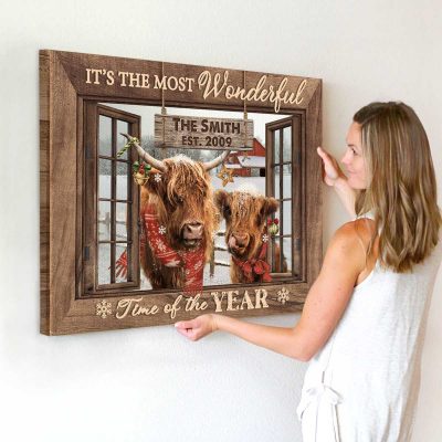 Highland Cattle Christmas Wall Art, Custom Family Name Sign, Farmhouse Christmas Wall Art, Personalized Last Name Sign, It’s The Most Wonderful Time Christmas Canvas