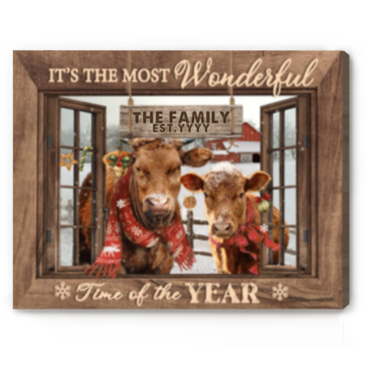 Red Angus Christmas Wall Art, Custom Family Name Sign, Christmas Wall Art For Farmer, Personalized Last Name Sign, It’s The Most Wonderful Time Christmas Canvas