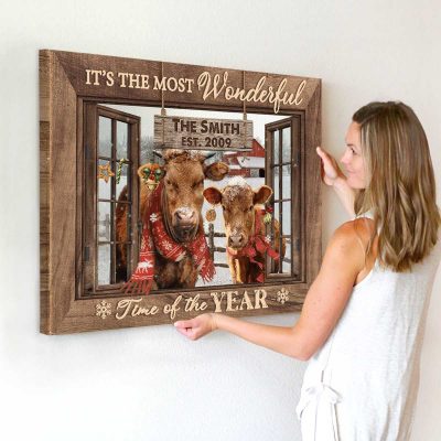 Red Angus Christmas Wall Art, Custom Family Name Sign, Christmas Wall Art For Farmer, Personalized Last Name Sign, It’s The Most Wonderful Time Christmas Canvas