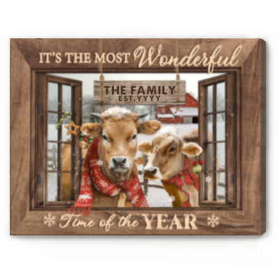 Jersey Cow Christmas Wall Art, Custom Family Name Sign, Jersey Cow Christmas Decor, Personalized Last Name Sign, It’s The Most Wonderful Time Christmas Canvas