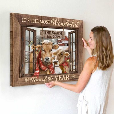 Jersey Cow Christmas Wall Art, Custom Family Name Sign, Jersey Cow Christmas Decor, Personalized Last Name Sign, It’s The Most Wonderful Time Christmas Canvas