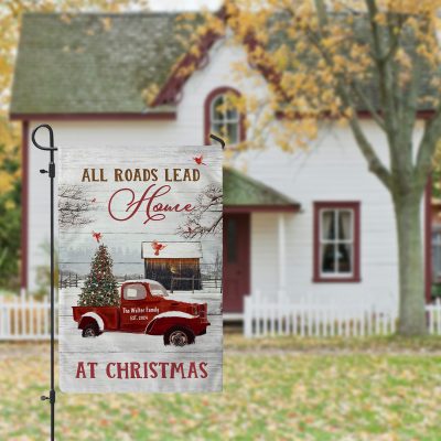 all roads lead home for christmas garden flag - christmas flags for outside - farmhouse christmas garden flag - family name holiday decor