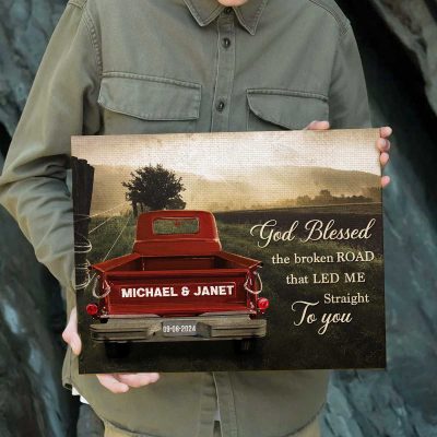 BEST SELLERS 2 God Blessed The Broken Road Canvas Print - Personalized Vintage Truck with Couple Names Wall Art - Anniversary Gifts For Couples - Bedroom Decor