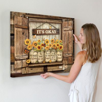 sunflower motivational canvas art - it's okay to make mistakes wall art - rustic farmhouse wall decor - living room wall decor