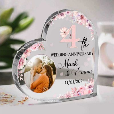 4th Wedding Anniversary Acrylic Heart Plaque - Personalized 4th Anniversary Gifts 4 Years Wedding Anniversary Keepsake - Wedding Anniversary Gift for Husband Wife