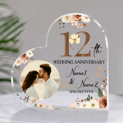 12th Wedding Anniversary Acrylic Heart Plaque - Personalized Anniversary Gifts - Wedding Keepsake for Husband & Wife - Perfect 12 Years Anniversary Gift