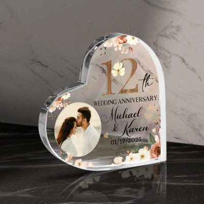12th Wedding Anniversary Acrylic Heart Plaque - Personalized Anniversary Gifts - Wedding Keepsake for Husband & Wife - Perfect 12 Years Anniversary Gift