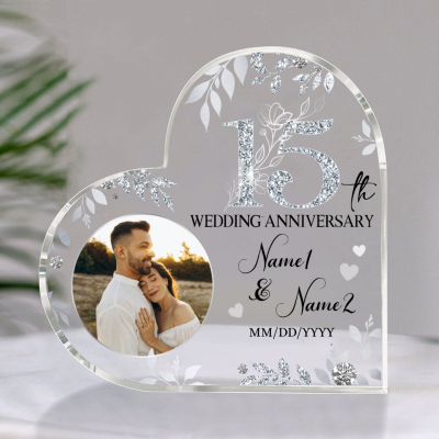 15th Wedding Anniversary Acrylic Heart Plaque - Personalized Anniversary Gifts - Wedding Keepsake for Husband & Wife - Perfect 15 Years Anniversary Gift