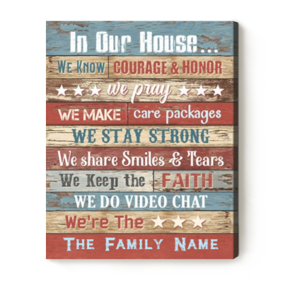 Custom Military Family Canvas - In Our House Rules Sign - Patriotic Gifts For Army, Navy, Marines, Air Force - 4th of July Wall Art Decor