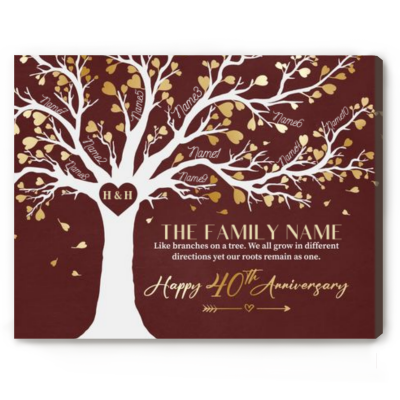 40th Anniversary Gifts For Parents - 40 Years Anniversary Family Tree Gift - Family Tree Life Canvas With Member Names - Ruby Wedding Anniversary Gift For Mom and Dad
