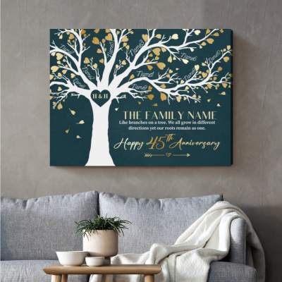 45th Anniversary Gifts For Parents - 45 Years Anniversary Family Tree Gift - Family Tree Life Canvas With Member Names - Sapphire Wedding Anniversary Gift For Mom and Dad