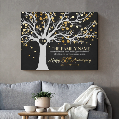 50th Anniversary Gifts For Parents - 50 Years Anniversary Family Tree Gift - Family Tree Life Canvas With Member Names - Golden Wedding Anniversary Gift For Mom and Dad