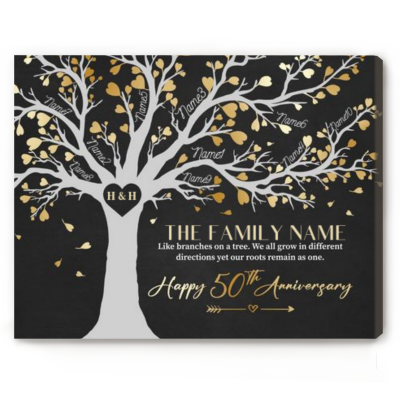 50th Anniversary Gifts For Parents - 50 Years Anniversary Family Tree Gift - Family Tree Life Canvas With Member Names - Golden Wedding Anniversary Gift For Mom and Dad