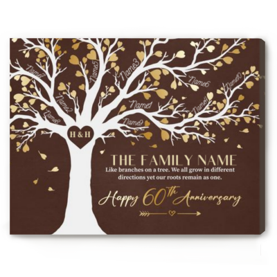 60th Anniversary Gifts For Parents - 60 Years Anniversary Family Tree Gift - Family Tree Life Canvas With Member Names - Diamond Wedding Anniversary Gift For Mom and Dad