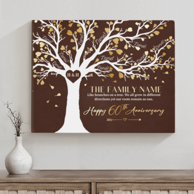 60th Anniversary Gifts For Parents - 60 Years Anniversary Family Tree Gift - Family Tree Life Canvas With Member Names - Diamond Wedding Anniversary Gift For Mom and Dad