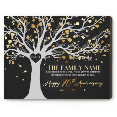 70th Anniversary Gifts For Parents - 70 Years Anniversary Family Tree Gift - Family Tree Life Canvas With Member Names - Platinum Wedding Anniversary Gift For Mom and Dad